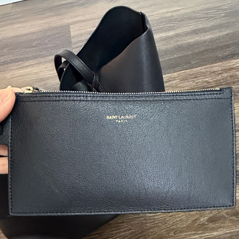 Saint Laurent Black Leather Tote with Gold YSL Charm and Pouch - Picture 8 of 16
